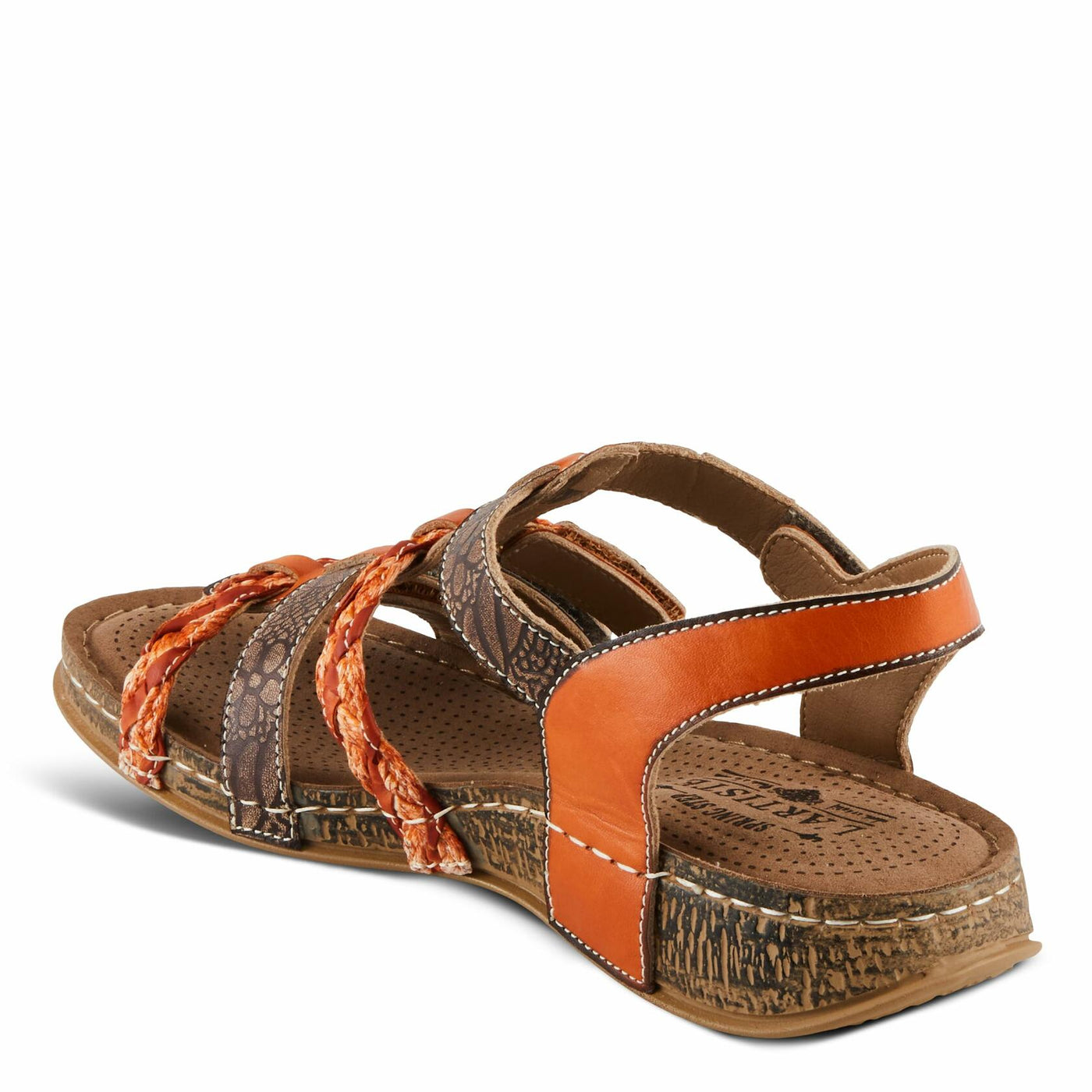 Spring Step L'Artiste Delila Women's Faux Leather Sandal - Hand Painted Arch Support Plush Cushion - Adjustable Hook and Loop Straps Flat Microsuede Artistic Detail, Orange Multi EU 36 / US 5.5-6