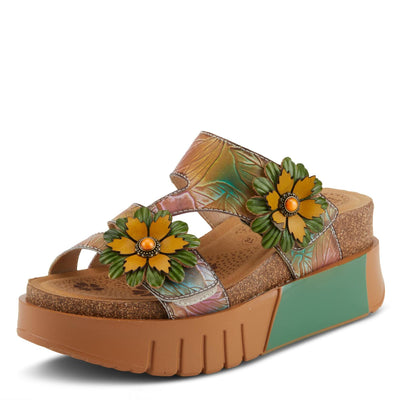 GEXA TAN MULTI FLORAL WEDGE SANDALS BY L'ARTISTE