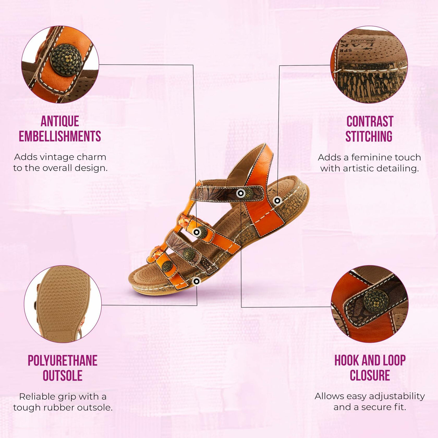 Spring Step L'Artiste Delila Women's Faux Leather Sandal - Hand Painted Arch Support Plush Cushion - Adjustable Hook and Loop Straps Flat Microsuede Artistic Detail, Orange Multi EU 36 / US 5.5-6