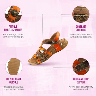 Spring Step L'Artiste Delila Women's Faux Leather Sandal - Hand Painted Arch Support Plush Cushion - Adjustable Hook and Loop Straps Flat Microsuede Artistic Detail, Orange Multi EU 36 / US 5.5-6