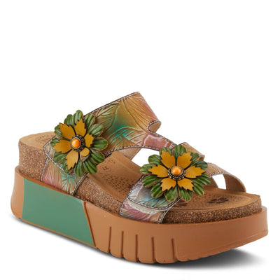 GEXA TAN MULTI FLORAL WEDGE SANDALS BY L'ARTISTE