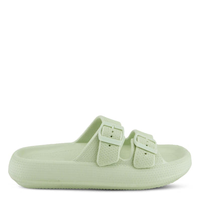 Flexus Women's Bubbles Waterproof Slide Sandals with Adjustable Buckle Straps - Cushioned Footbed, Lightweight EVA Sole, Padded Insole, Slip-On Comfort, Light Green US 10