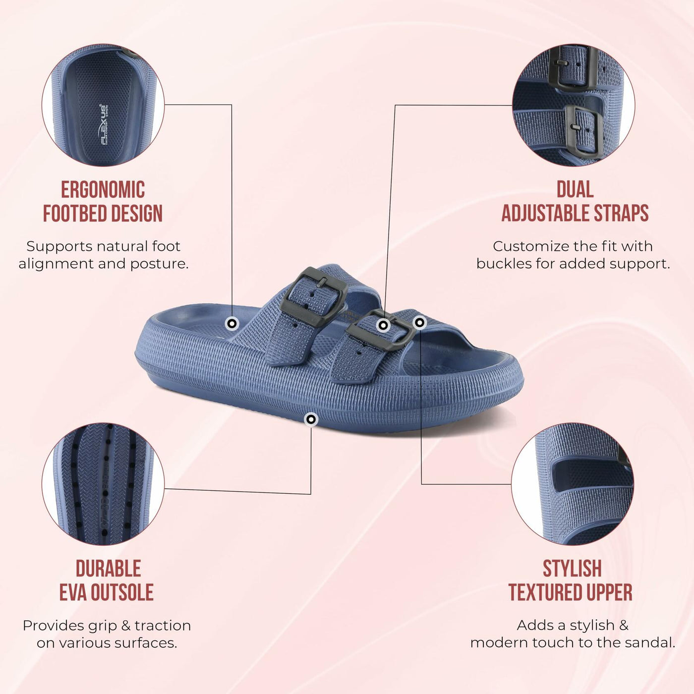 Flexus Women's Bubbles Waterproof Slide Sandals with Adjustable Buckle Straps - Cushioned Footbed, Lightweight EVA Sole, Padded Insole, Slip-On Comfort, Light Pink US 6