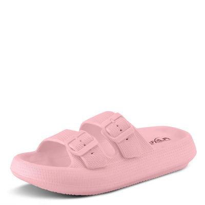 Flexus Women's Bubbles Waterproof Slide Sandals with Adjustable Buckle Straps - Cushioned Footbed, Lightweight EVA Sole, Padded Insole, Slip-On Comfort, Light Pink US 6
