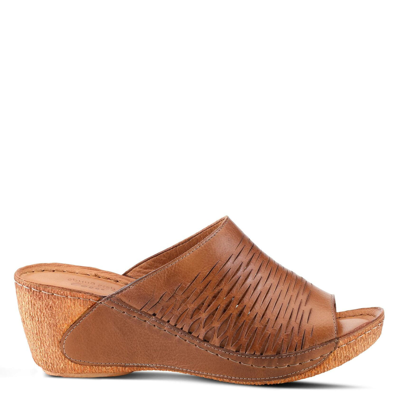 Spring Step Cunacena Women's Leather Slip On Wedge Sandal | Low Heel Sandals for Women with Die Cut Lattice, Stretch Upper, Breathable Lining Brown Sandal