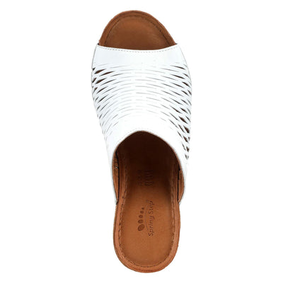 Spring Step Cunacena Women's Leather Slip On Wedge Sandal | Low Heel Sandals for Women with Die Cut Lattice, Stretch Upper, Breathable Lining White EU 36 / US 5.5-6