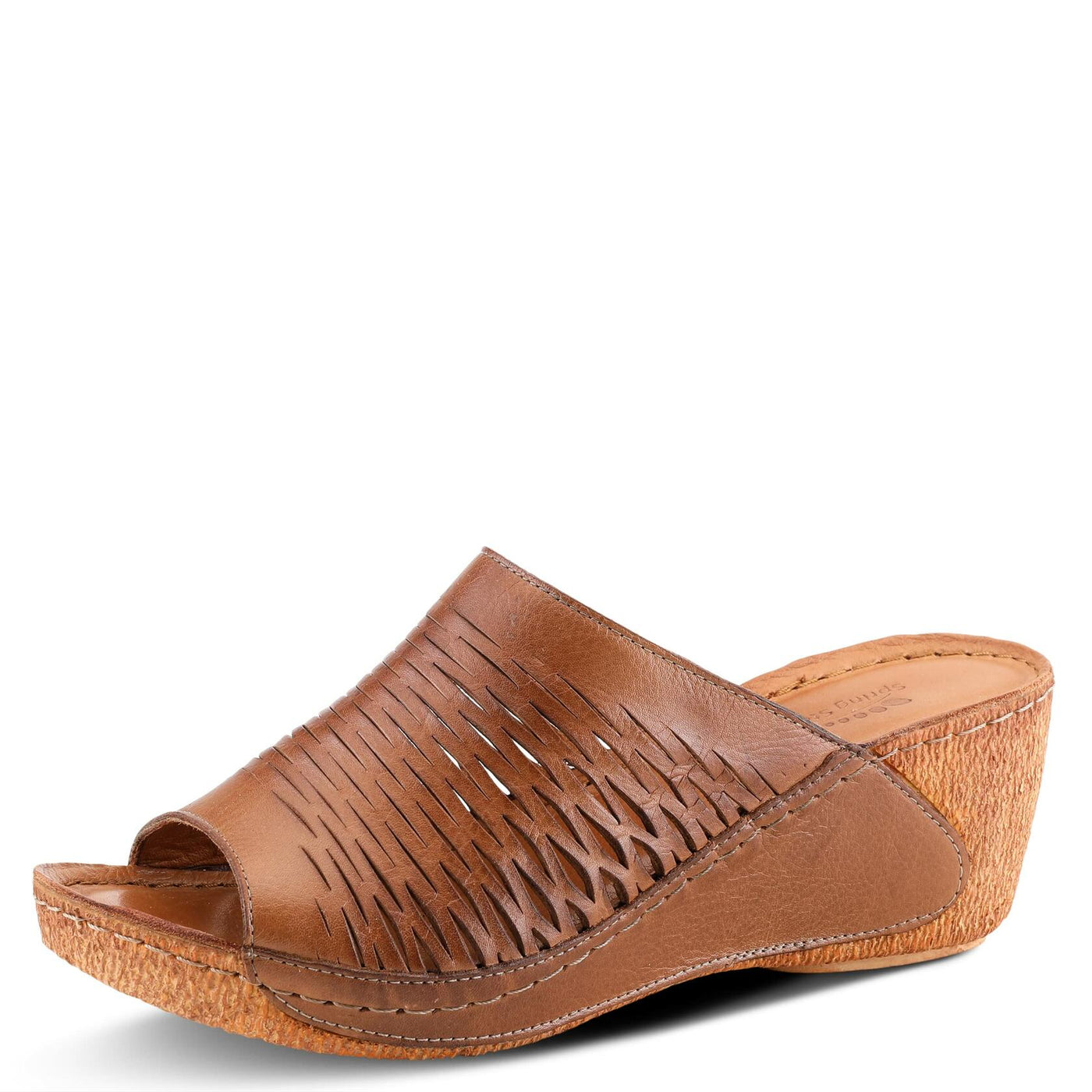 Spring Step Cunacena Women's Leather Slip On Wedge Sandal | Low Heel Sandals for Women with Die Cut Lattice, Stretch Upper, Breathable Lining Brown Sandal