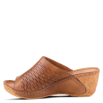 Spring Step Cunacena Women's Leather Slip On Wedge Sandal | Low Heel Sandals for Women with Die Cut Lattice, Stretch Upper, Breathable Lining Brown Sandal