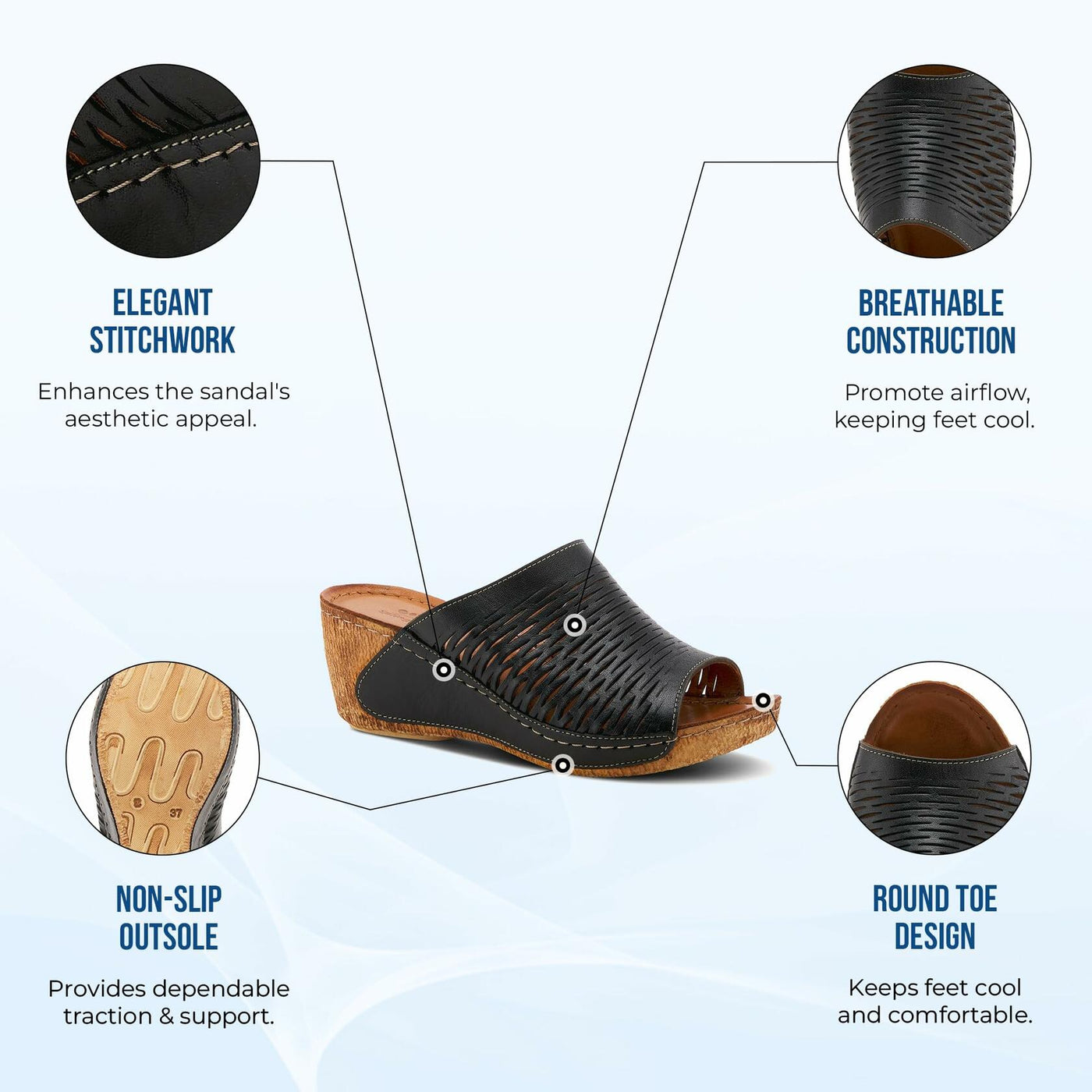 Spring Step Cunacena Women's Leather Slip On Wedge Sandal | Low Heel Sandals for Women with Die Cut Lattice, Stretch Upper, Breathable Lining Brown Sandal