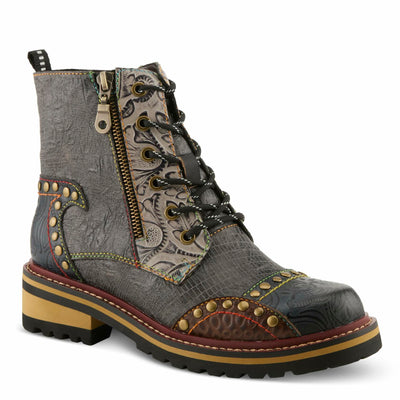 L'Artiste Rugup Leather Combination Booties for Women | Low Heel Ankle Boots for Women with Lace Up and Zipper Closure and Faux Fur Lining SLATE MULTI EU 42 / US 10.5-11