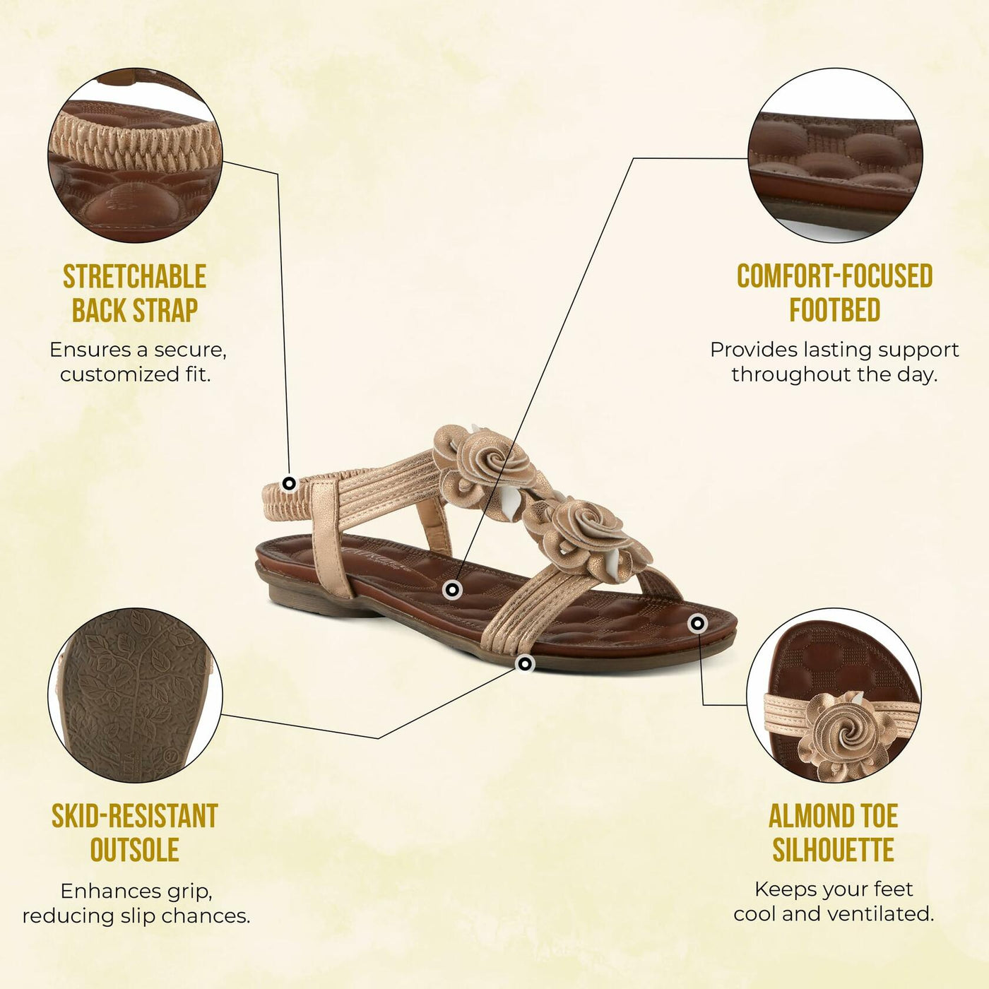 PATRIZIA Spring Step Nectarine Sandals for Womens - Ladies Sandals with Chic Flower Grabbing t-straps - Casuals Womens Sandals with Stretch Back Strap - Beige US 7.5-8