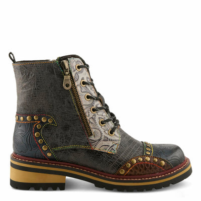 L'Artiste Rugup Leather Combination Booties for Women | Low Heel Ankle Boots for Women with Lace Up and Zipper Closure and Faux Fur Lining SLATE MULTI EU 37 / US 6.5-7