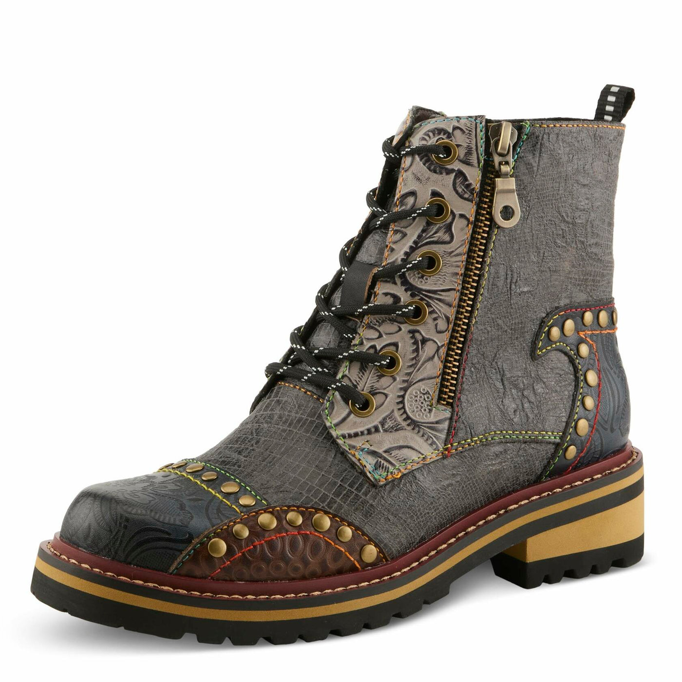 L'Artiste Rugup Leather Combination Booties for Women | Low Heel Ankle Boots for Women with Lace Up and Zipper Closure and Faux Fur Lining SLATE MULTI EU 42 / US 10.5-11