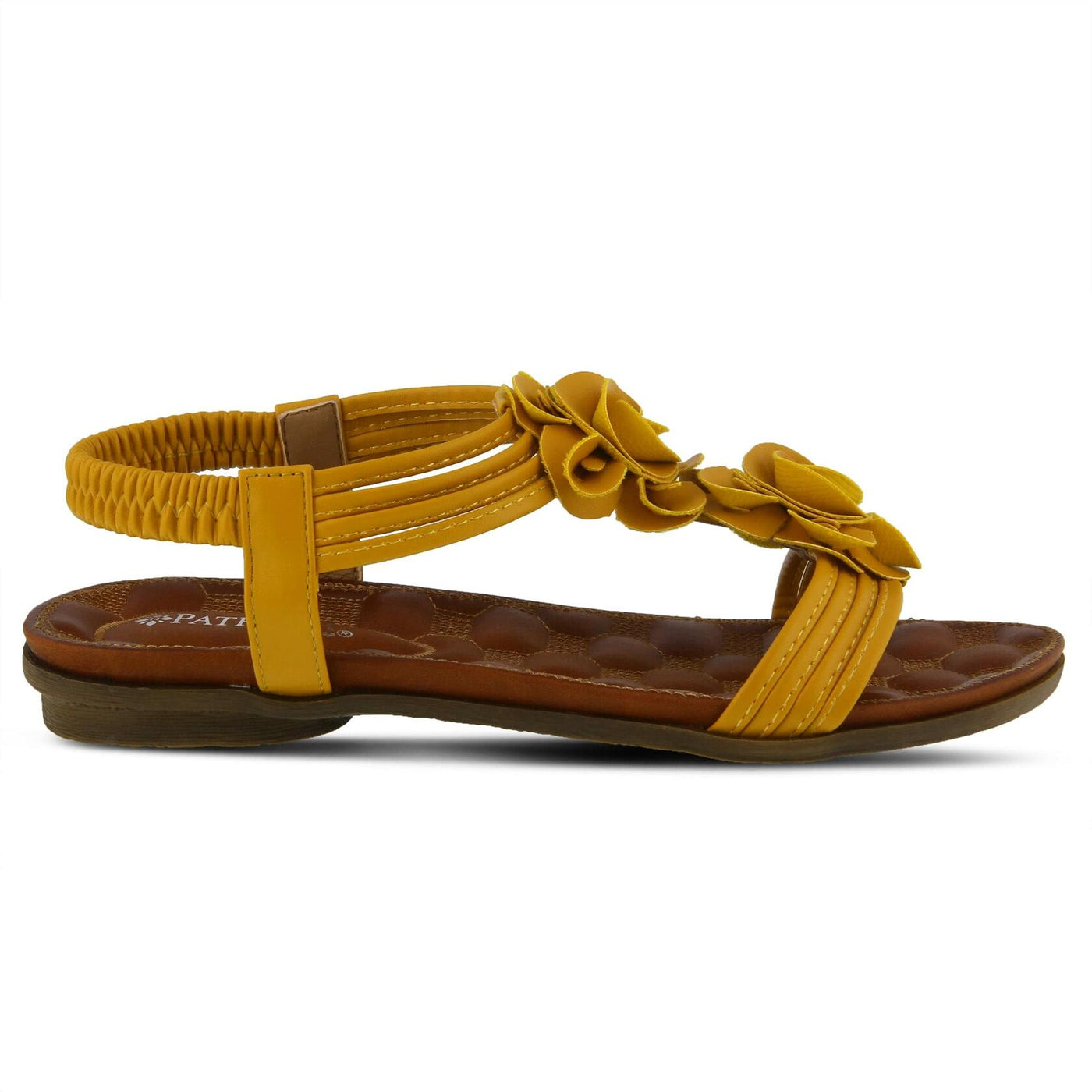 PATRIZIA Spring Step Nectarine Sandals for Womens - Ladies Sandals with Chic Flower Grabbing t-straps - Casuals Womens Sandals with Stretch Back Strap - Yellow EU 38 / US 7.5-8
