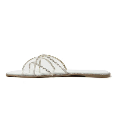 Ninety Union Atlanta Criss Cross Flat Slide With Studded Trim, White, 11