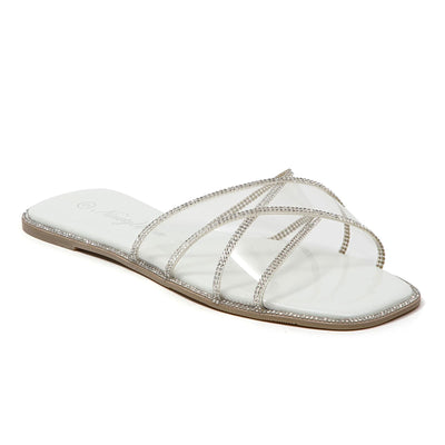 Ninety Union Atlanta Criss Cross Flat Slide With Studded Trim, White, 7