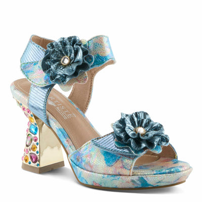 Spring Step L'Artiste Women's SMASHING Metallic Leather Sandals - Opulent Decorative Flowers, Sculpted Jewel Heel, Wearable Art Footwear Blue Multi EU 38 / US 7.5-8