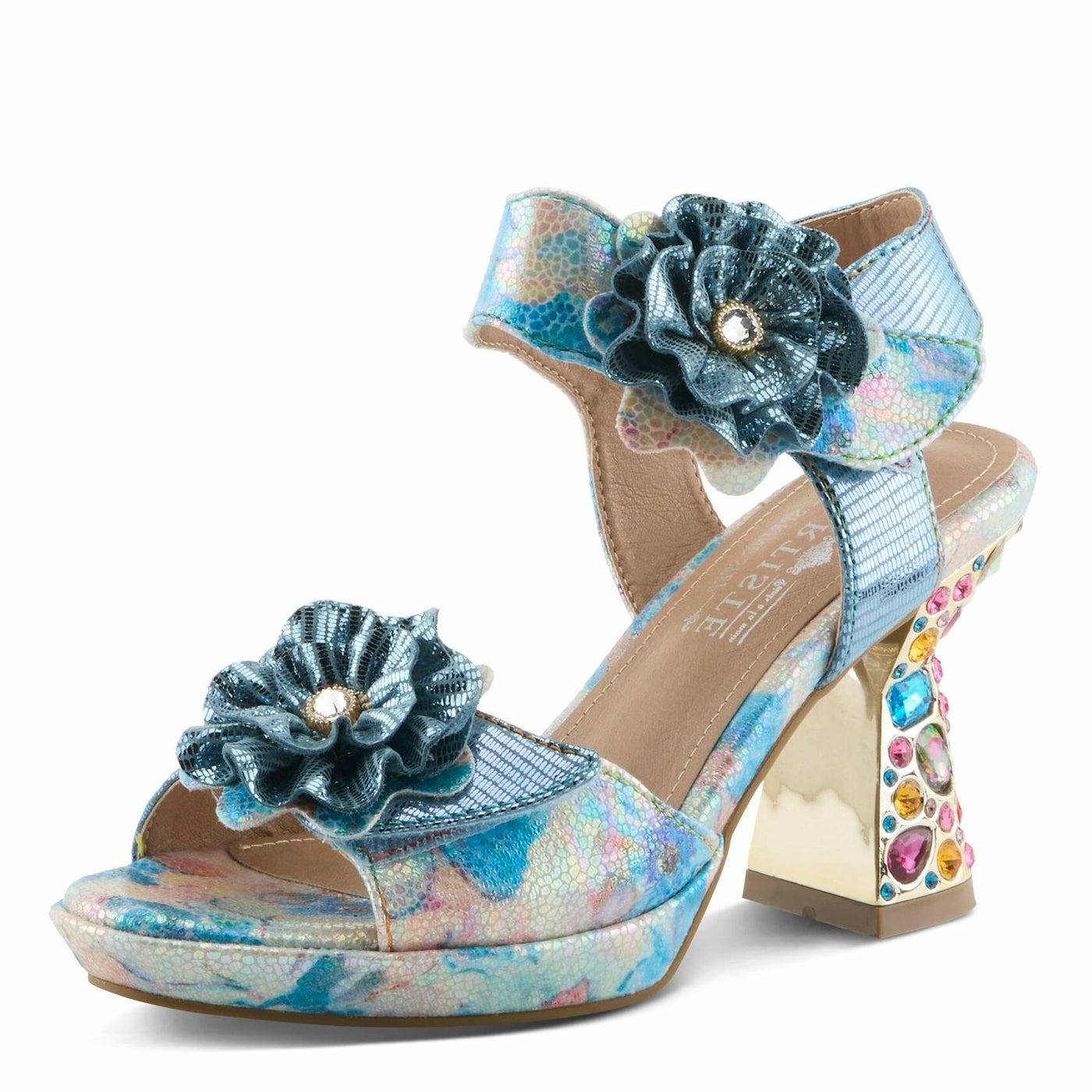 Spring Step L'Artiste Women's SMASHING Metallic Leather Sandals - Opulent Decorative Flowers, Sculpted Jewel Heel, Wearable Art Footwear Blue Multi EU 38 / US 7.5-8
