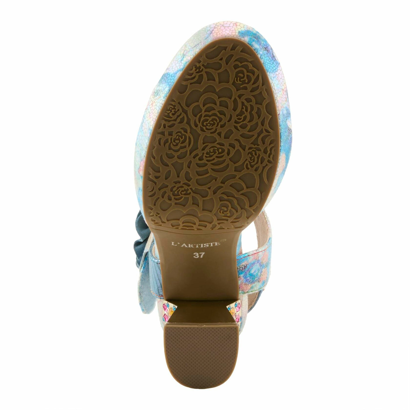 Spring Step L'Artiste Women's SMASHING Metallic Leather Sandals - Opulent Decorative Flowers, Sculpted Jewel Heel, Wearable Art Footwear Blue Multi EU 38 / US 7.5-8
