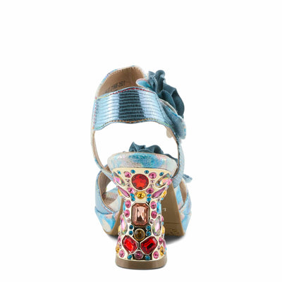Spring Step L'Artiste Women's SMASHING Metallic Leather Sandals - Opulent Decorative Flowers, Sculpted Jewel Heel, Wearable Art Footwear Blue Multi EU 38 / US 7.5-8