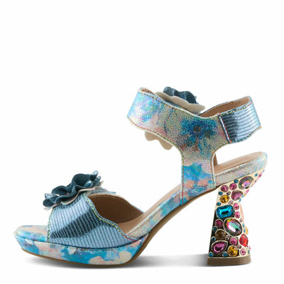 Spring Step L'Artiste Women's SMASHING Metallic Leather Sandals - Opulent Decorative Flowers, Sculpted Jewel Heel, Wearable Art Footwear Blue Multi EU 38 / US 7.5-8
