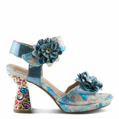 Spring Step L'Artiste Women's SMASHING Metallic Leather Sandals - Opulent Decorative Flowers, Sculpted Jewel Heel, Wearable Art Footwear Blue Multi EU 38 / US 7.5-8