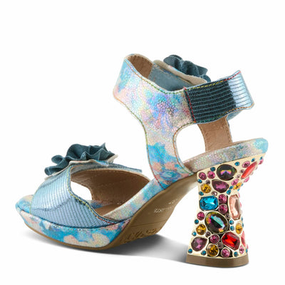Spring Step L'Artiste Women's SMASHING Metallic Leather Sandals - Opulent Decorative Flowers, Sculpted Jewel Heel, Wearable Art Footwear Blue Multi EU 38 / US 7.5-8