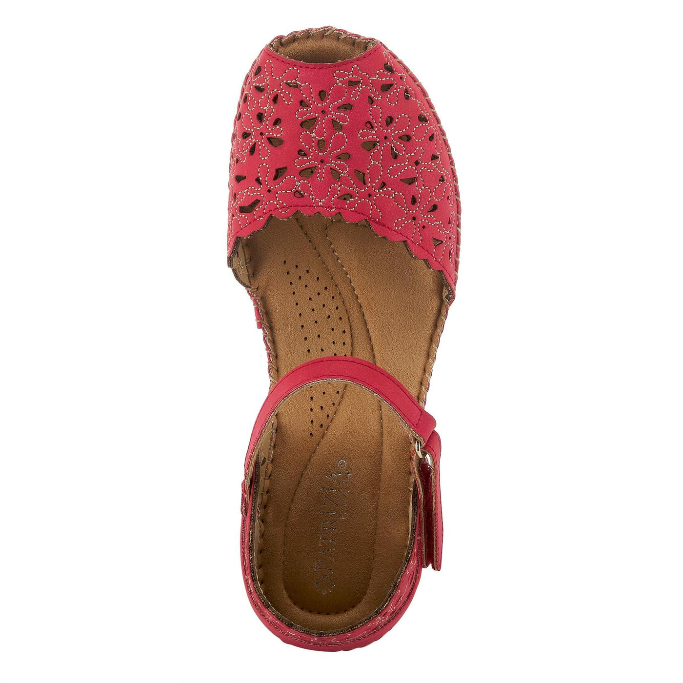 PATRIZIA Spring Step Gennina Wedge Sandals for Womens - Laser Cut Ladies Sandals with Embroidery - Hook and Loop Closure Womens Sandals - Dark Red EU 35 / US 5