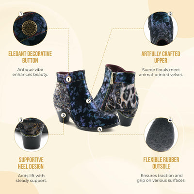 Spring Step L'Artiste Dessalynn Heeled Booties | Suede & Velvet Ankle Boots with Vintage Charm NAVY MULTI EU 38 / US 7.5-8