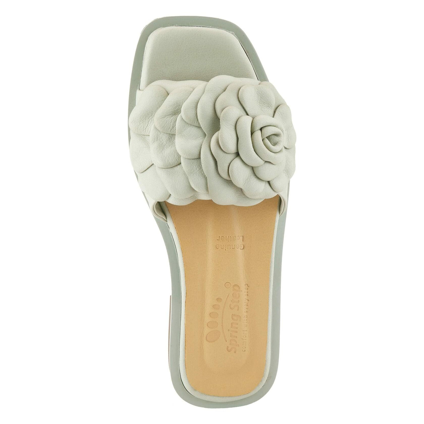 DOMONIQUE MINT GREEN LEATHER FLOWER SLIDE SANDALS BY SPRING STEP