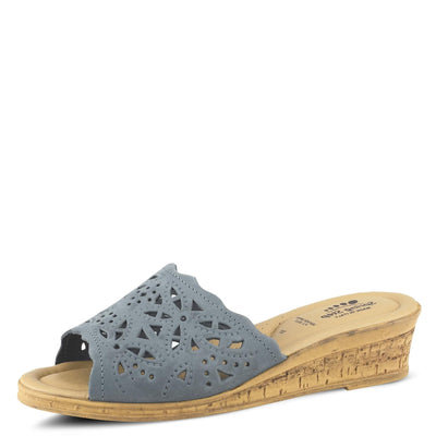 Spring Step Estella Women's Fashion Wedge Slide Sandals – Casual Leather Heel with Geometric Laser-Cut Detailing Blue EU 35 / US 5