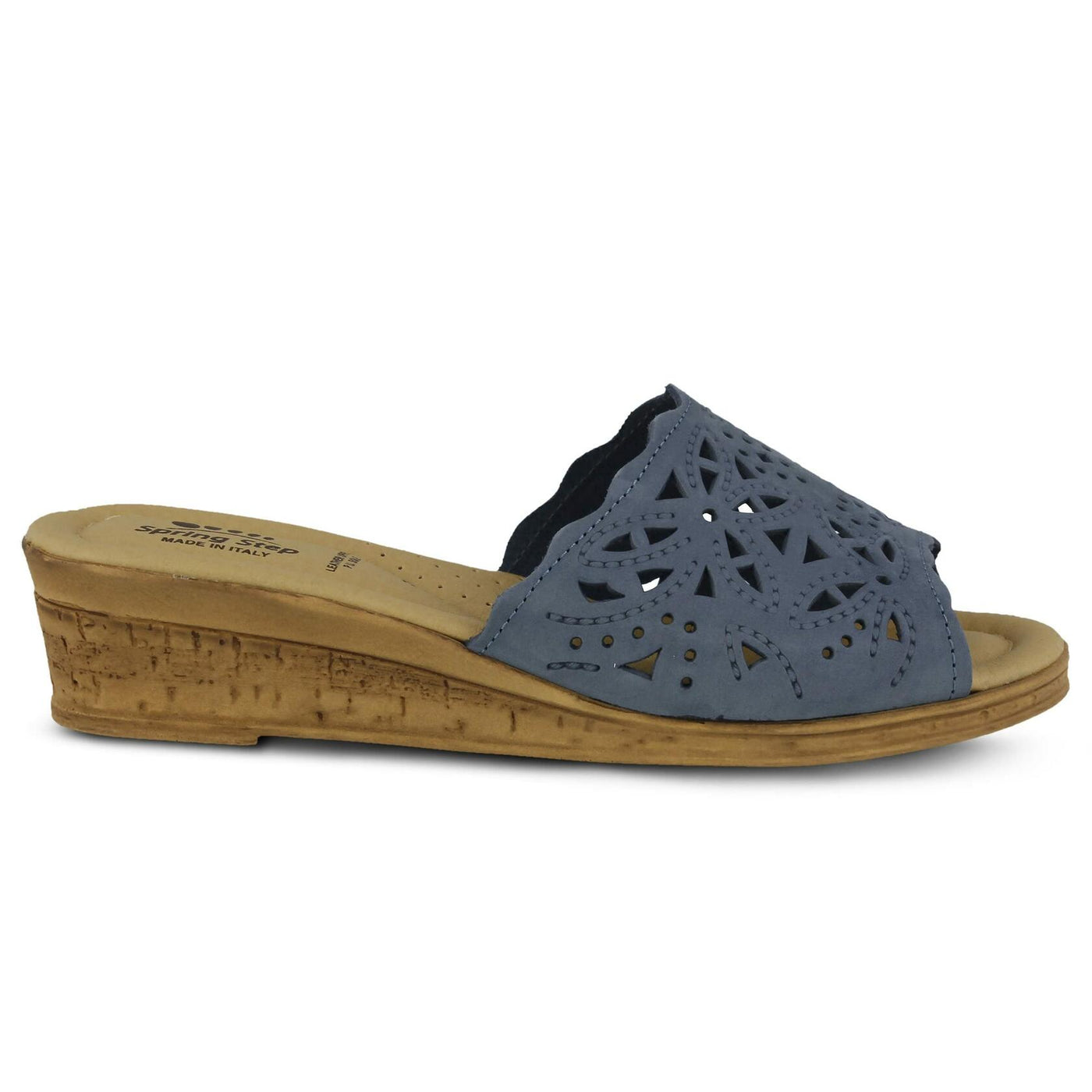 Spring Step Estella Women's Fashion Wedge Slide Sandals – Casual Leather Heel with Geometric Laser-Cut Detailing Blue EU 35 / US 5