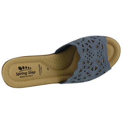 Spring Step Estella Women's Fashion Wedge Slide Sandals – Casual Leather Heel with Geometric Laser-Cut Detailing Blue EU 35 / US 5