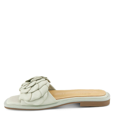 DOMONIQUE MINT GREEN LEATHER FLOWER SLIDE SANDALS BY SPRING STEP