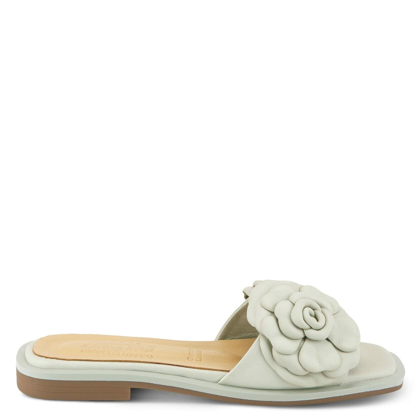 DOMONIQUE MINT GREEN LEATHER FLOWER SLIDE SANDALS BY SPRING STEP