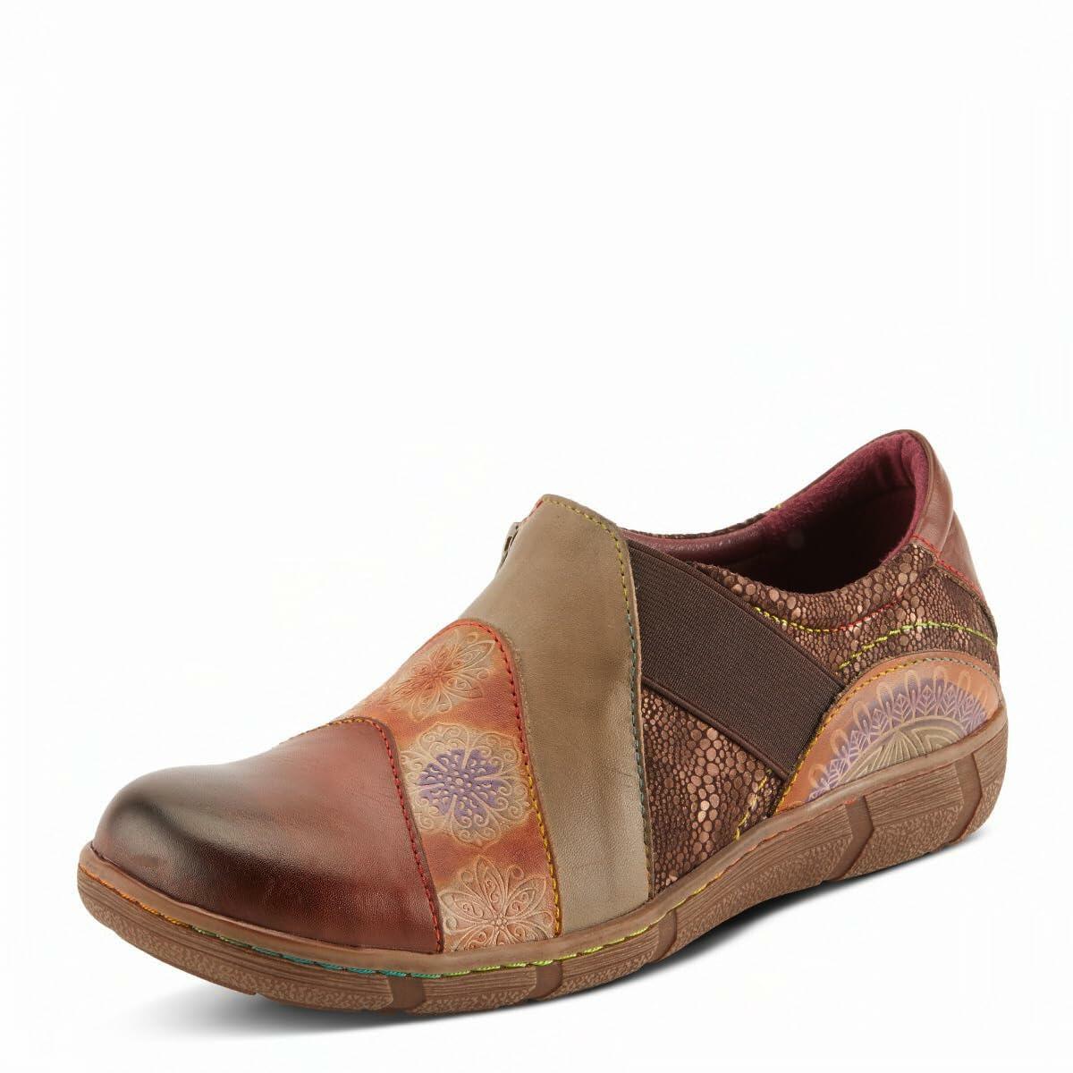 L'Artiste Lata Burnished Slip for Women with Rainbow Stitching | Walking Shoes with Hand Painted Geometric Design and Zipper Closure Brown Multi EU 39 / US 8.5