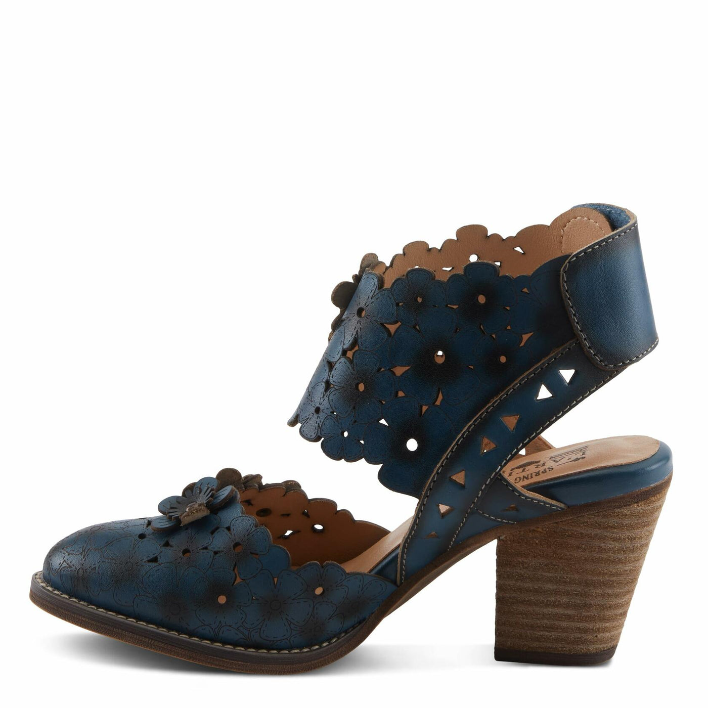 L'Artiste Women's DISTINCTION Leather Ankle Strap Sandals – Hand-Painted Floral Laser Cutout, Adjustable Strap, Closed Toe Stacked Heel NAVY EU 41 / EU 41 / US 9.5-10