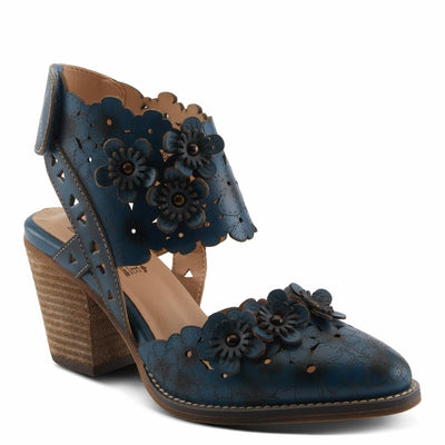 L'Artiste Women's DISTINCTION Leather Ankle Strap Sandals – Hand-Painted Floral Laser Cutout, Adjustable Strap, Closed Toe Stacked Heel NAVY EU 41 / EU 41 / US 9.5-10