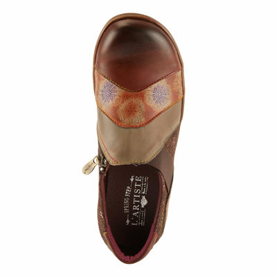 L'Artiste Lata Burnished Slip for Women with Rainbow Stitching | Walking Shoes with Hand Painted Geometric Design and Zipper Closure Brown Multi EU 39 / US 8.5