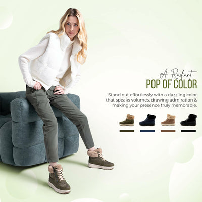 Flexus Women's Burrell Lace-Up Platform Booties – Faux Fur Lining Zipper Closure – Sneaker Vibe Chic Faux Leather, Microsuede Waterproof Warm, Cozy Boots Olive Green EU 41 / US 9.5-10