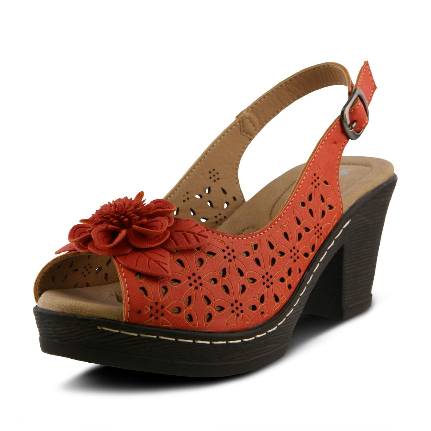 PATRIZIA Women’s Doriday Slingback Sandals Peep Toe - Adjustable Buckle Strap Dimensional Flower Design - Comfort Heel Platform Synthetic Upper PU Outsole, Orange EU 42 / US 10.5-11
