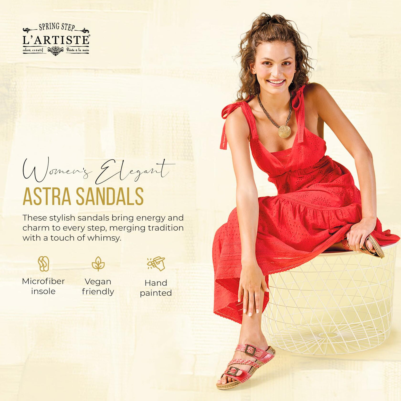 Spring Step L’Artiste Astra Women’s Hand Painted Leather Cushioned Insole Sandals - Adjustable Hook and Loop Closure, Cork Sole, Slip-On Open Toe Comfort Sandal, Red EU 35 / US 5