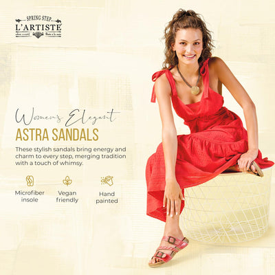 Spring Step L’Artiste Astra Women’s Hand Painted Leather Cushioned Insole Sandals - Adjustable Hook and Loop Closure, Cork Sole, Slip-On Open Toe Comfort Sandal, Red EU 35 / US 5