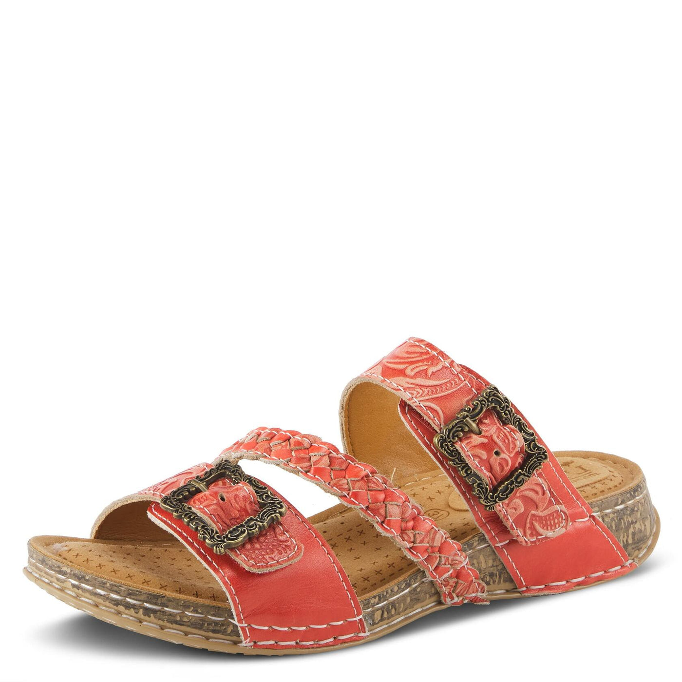 Spring Step L’Artiste Astra Women’s Hand Painted Leather Cushioned Insole Sandals - Adjustable Hook and Loop Closure, Cork Sole, Slip-On Open Toe Comfort Sandal, Red EU 35 / US 5