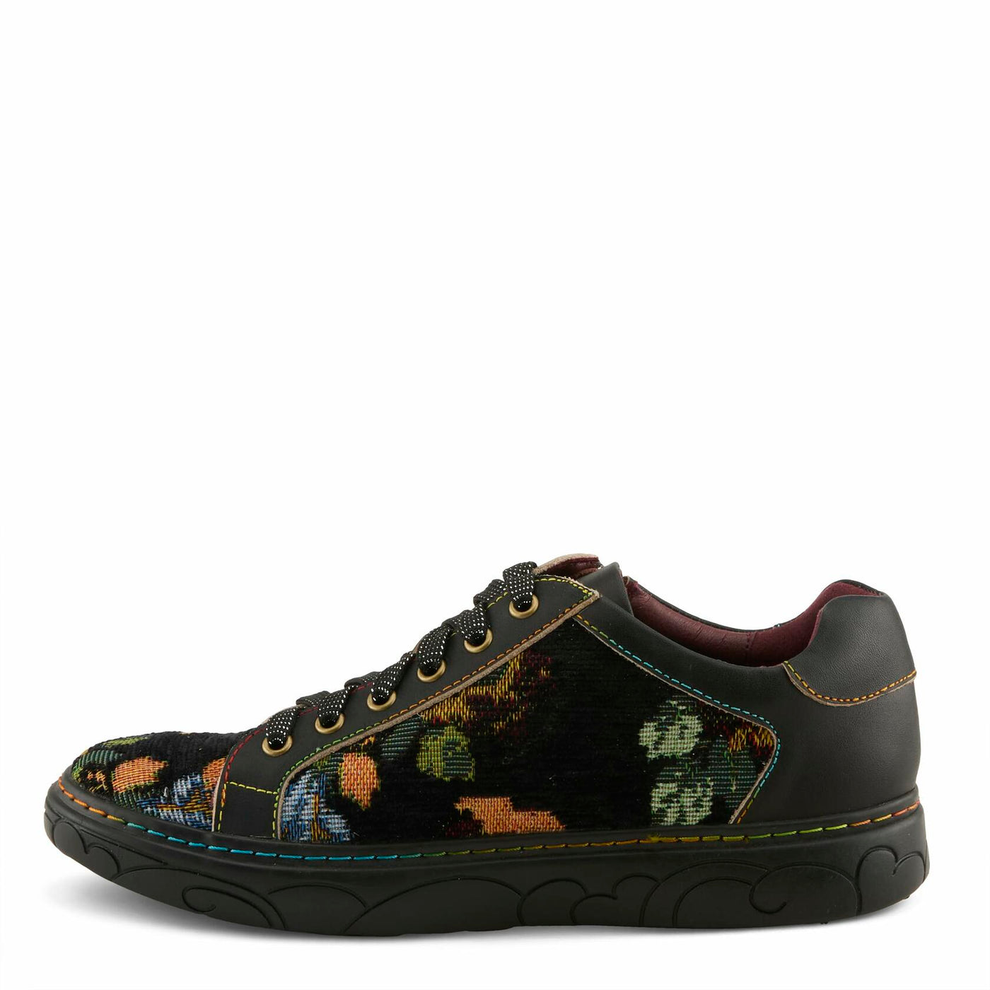 Spring Step L'Artiste Danli-Fab Fashion Sneakers – Premium Leather with Tapestry Print Upper - Lace Up Zipper Closure, Removable Insole, Flat Platform Sole, Black Multi EU 42 / US 10.5-11