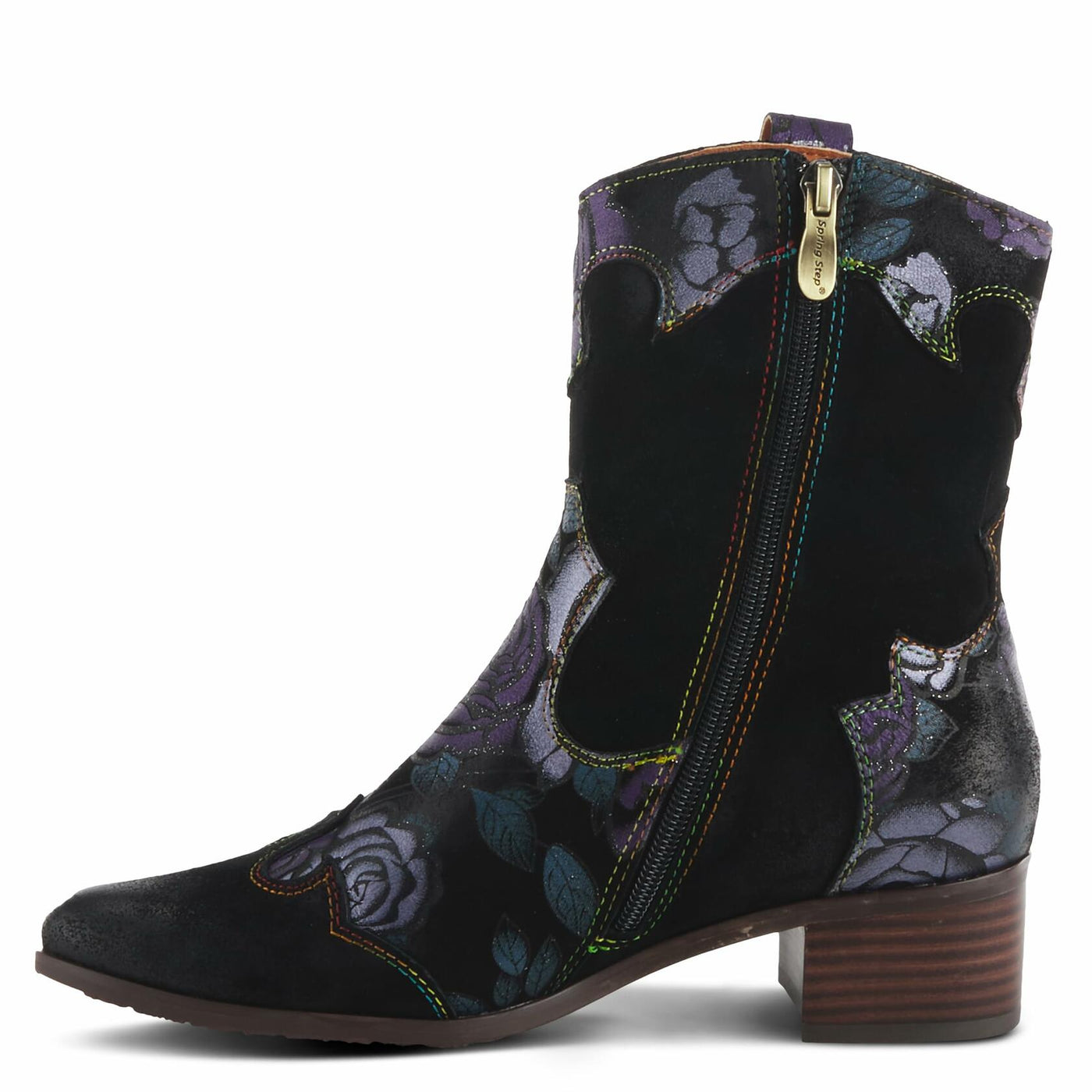 Spring Step L'Artiste Ladyluck Booties for Women - Floral Leather and Suede Women's Chelsea Boots - Western Ankle Boots for Women with Low Heel - Purple US 8.5