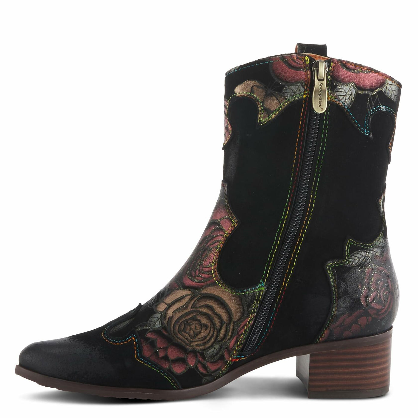 Spring Step L'Artiste Ladyluck Booties for Women - Floral Leather and Suede Women's Chelsea Boots - Western Ankle Boots for Women with Low Heel - Red US 7.5-8