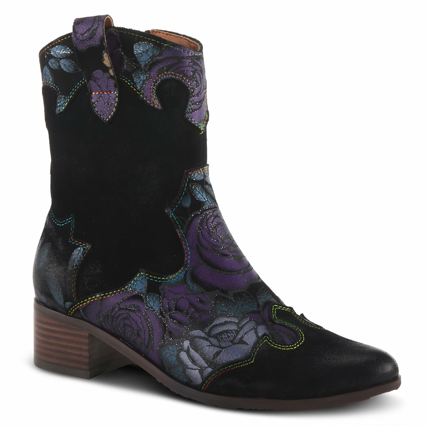 Spring Step L'Artiste Ladyluck Booties for Women - Floral Leather and Suede Women's Chelsea Boots - Western Ankle Boots for Women with Low Heel - Purple US 8.5