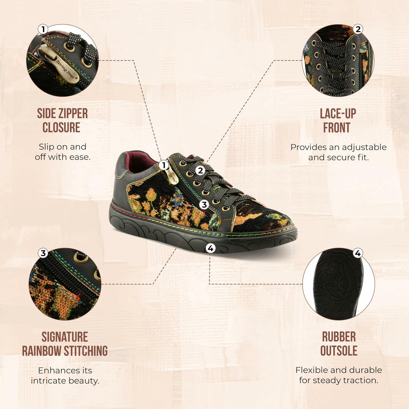Spring Step L'Artiste Danli-Fab Fashion Sneakers – Premium Leather with Tapestry Print Upper - Lace Up Zipper Closure, Removable Insole, Flat Platform Sole