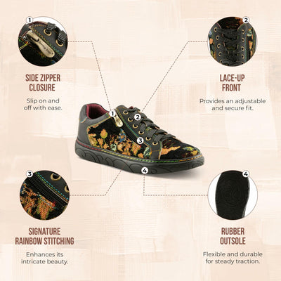 Spring Step L'Artiste Danli-Fab Fashion Sneakers – Premium Leather with Tapestry Print Upper - Lace Up Zipper Closure, Removable Insole, Flat Platform Sole